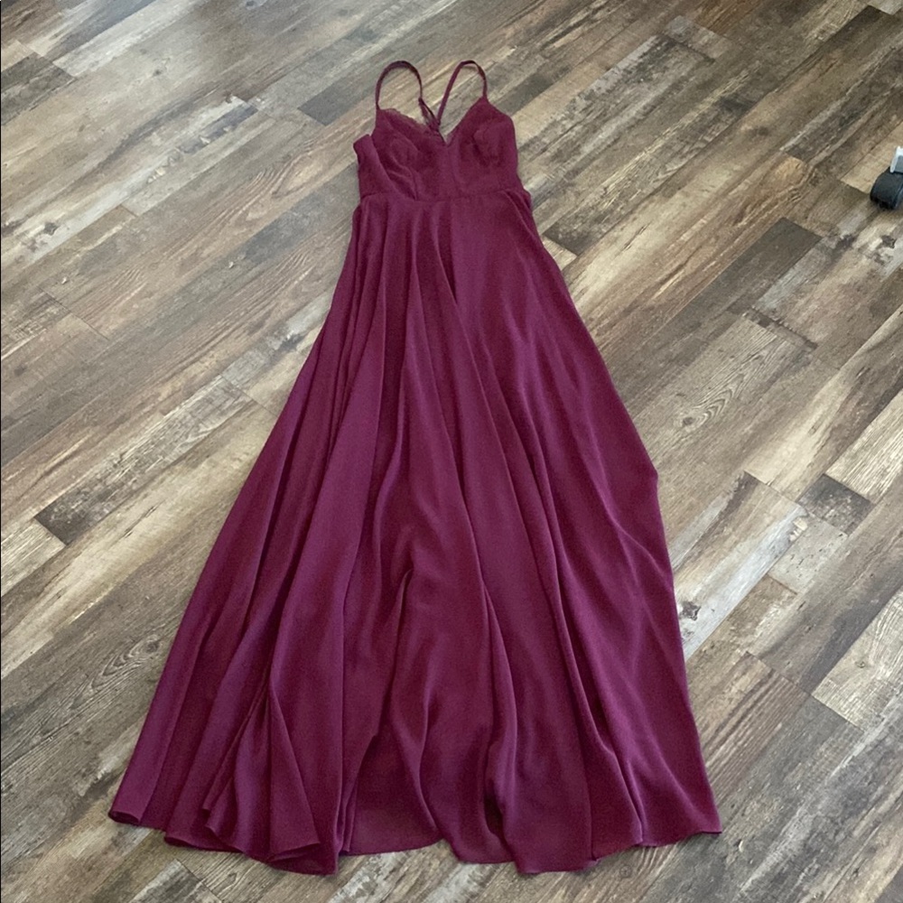 Lulu’s Burgundy Backless Lace-Up Maxi Dress